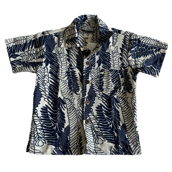 Manuhealii Boys XS Button Down Aloha Shirt Blue/White ʻAe Fern Print - Picture 1 of 3